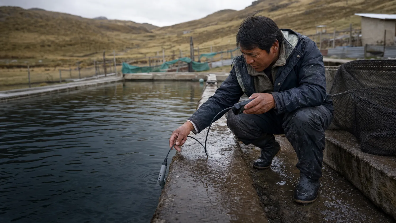 Productor altoandino registrando la calidad del agua en una unidad de cultivo de truchas